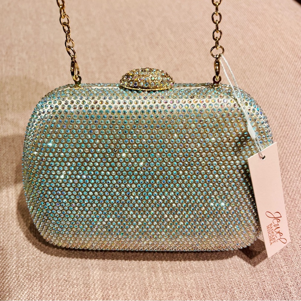 NWT Jewel Badgley Mischka Champagne Embellished Clutch Bag with chain & Dust Bag